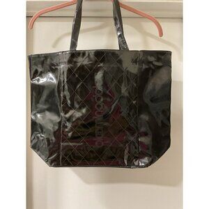Bloomingdale’s Shiny Black Leopard Print Lined Tote